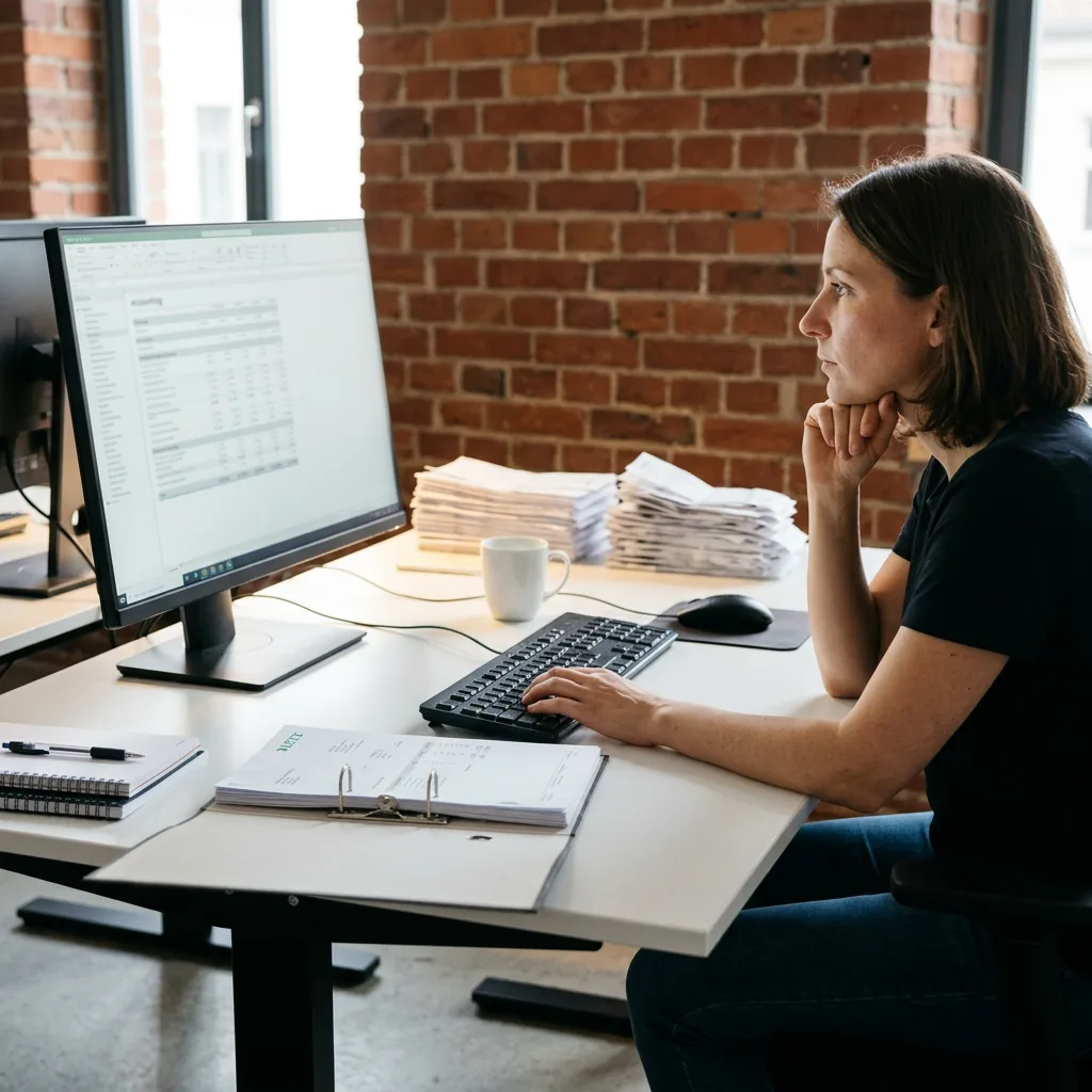 Eingangsrechnungen und Belege auf dem Schreibtisch einer digitalen Agentur