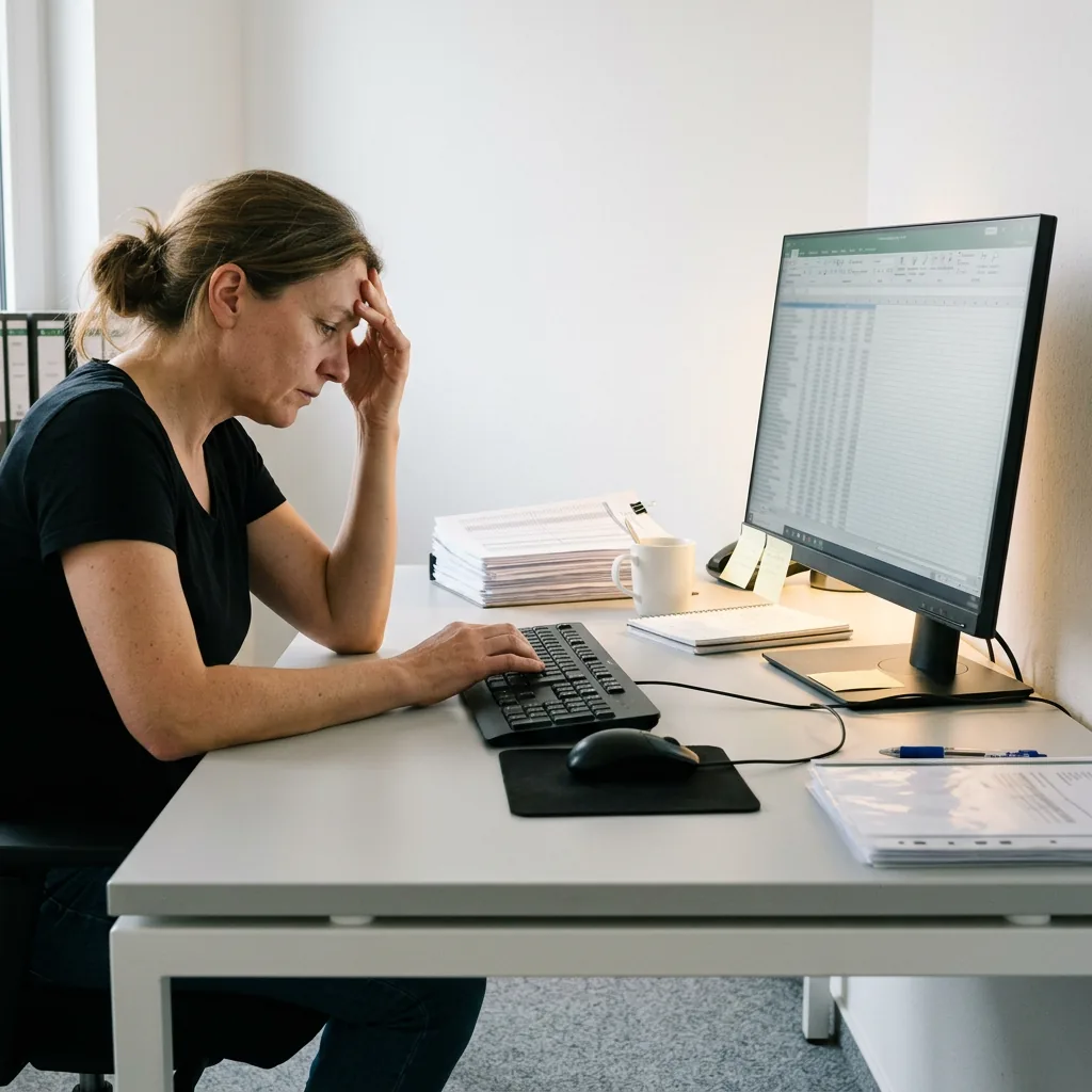 Excel-Tabellen und Papierlisten auf dem Schreibtisch einer Steuerkanzlei