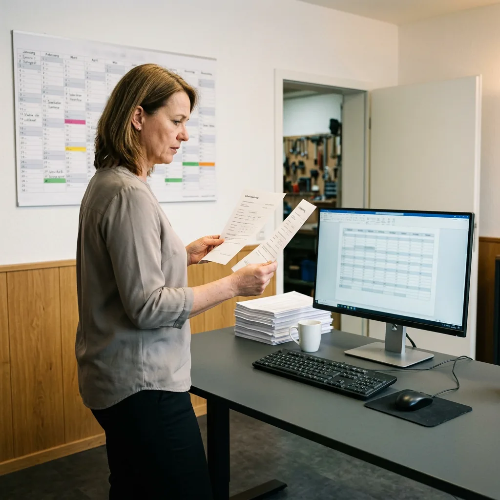 Handschriftliche Stundenzettel und Urlaubsanträge im Handwerksbetrieb