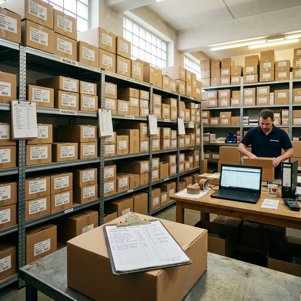 Regale im Lager eines Online-Shops mit Kartons und Inventarlisten